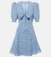 Alessandra Rich Bow-detailed Floral-print Silk-crepe Mini Dress In Blue