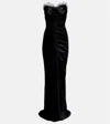 Alessandra Rich Bow-detail Ruched Silk-trimmed Velvet Gown In Black