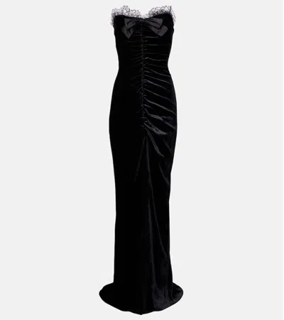 Alessandra Rich Bow-detail Ruched Silk-trimmed Velvet Gown In Black