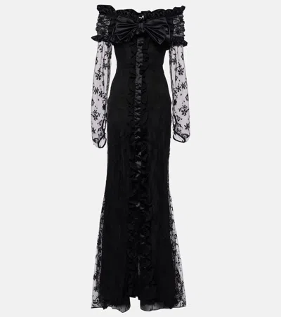 Alessandra Rich Bow-detail Ruffled Off-shoulder Lace Gown In Black