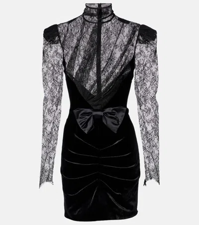ALESSANDRA RICH BOW-DETAIL VELVET AND LACE MINIDRESS