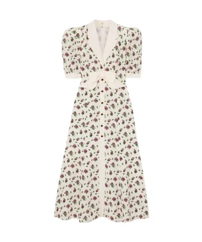 Alessandra Rich Bow-embellished Floral-print Silk-satin Midi Dress In White