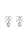 Alessandra Rich Bow Earrings With Crystal Pendant In Plated Brass In Silver