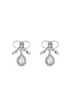 Alessandra Rich Bow Earrings With Crystal Pendant In Plated Brass In Silver