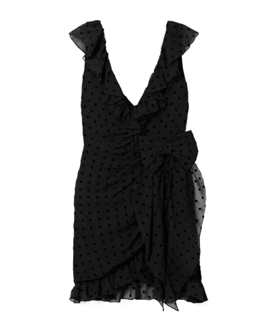 Alessandra Rich Bow-embellished Ruffled Flocked Silk-chiffon Mini Dress In Black