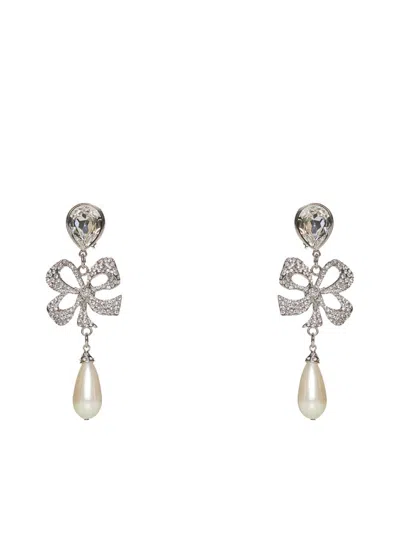 Alessandra Rich Bow Motif Embellished Drop Earrings In Silver
