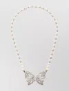 Alessandra Rich Bow Pendant With Pearl Beads And Rhinestone Embellishments In Silver