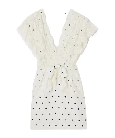 Alessandra Rich Bow-detailed Lace-trimmed Polka-dot Silk-satin Mini Dress In White
