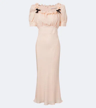 Alessandra Rich Ruffled Bow-embellished Silk-jacquard Midi Dress In Pink