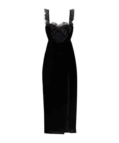 Alessandra Rich Bow-embellished Lace And Silk-trimmed Velvet Gown In Black