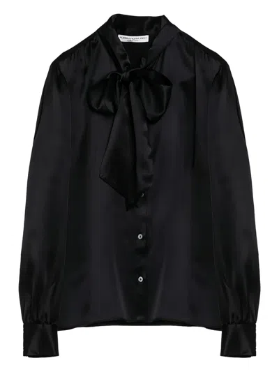Alessandra Rich Black Silk Shirt With Bow In Multi