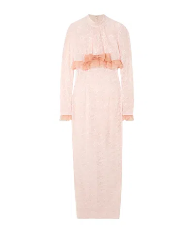 Alessandra Rich Bow-embellished Ruffled Silk Organza-trimmed Stretch-lace Gown In Pink