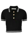 Alessandra Rich Braided Cotton Polo Shirt With Contrast Details In Black