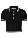 Alessandra Rich Cable Knit Polo With Ribbed Hem In Black