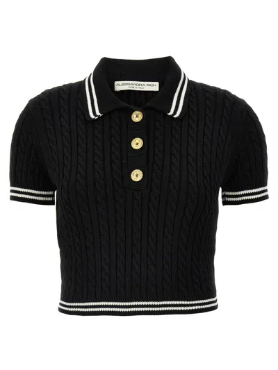 Alessandra Rich Womens Cable-knit Crop Cotton-knit Polo Shirt Black