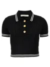 Alessandra Rich Braided Cotton Polo Shirt With Contrast Details In White/black