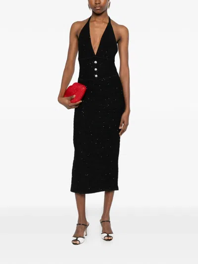 Alessandra Rich Buttoned V-neck Midi Dress In Black