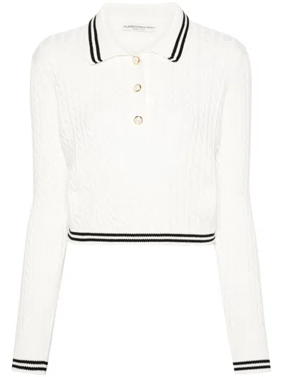 Alessandra Rich Cropped Striped Cable-knit Cotton Sweater In White