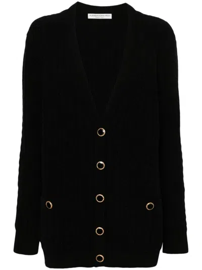 Alessandra Rich Cable Knit Wool Cardigan With V-neck And Button Front In Black