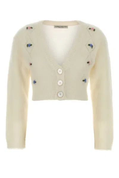 Alessandra Rich Carded Mohair Knit Cardigan With Embroidery In Neutral