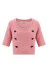 Alessandra Rich Crew Neck Floral Appliqué Short Sleeves Soft Texture In Pink