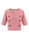 Alessandra Rich Crew Neck Floral Appliqué Short Sleeves Soft Texture In Pink