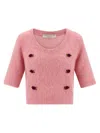 Alessandra Rich Crew Neck Floral Appliqué Short Sleeves Soft Texture In Pink