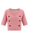 Alessandra Rich Crew Neck Floral Appliqué Short Sleeves Soft Texture In Pink