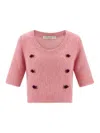Alessandra Rich Crew Neck Floral Appliqué Short Sleeves Soft Texture In Pink
