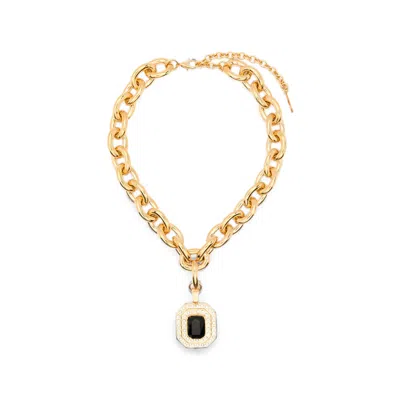 Alessandra Rich Chain Link With Black Stone Pendant Bracelet In Transparent