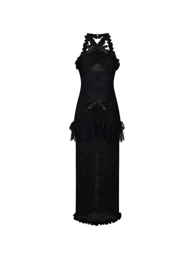 Alessandra Rich Chantilly Lace Halterneck Maxi Dress In Black