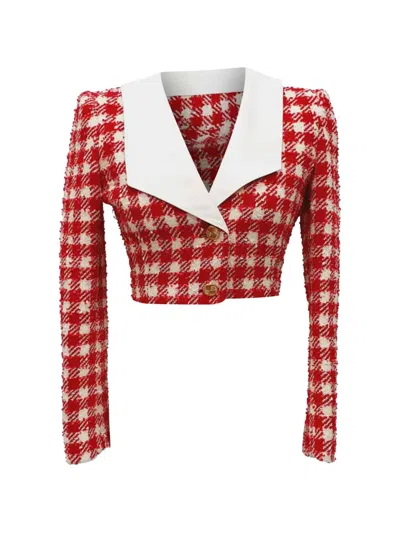 Pre-owned Alessandra Rich Checkered Tweed Cropped Jacket In Red