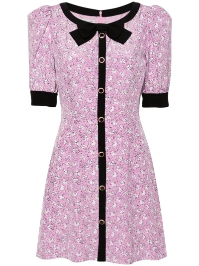 Alessandra Rich Clover Bow And Button-embellished Floral-print Silk Mini Dress In Rosa