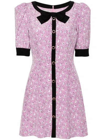 Alessandra Rich Clover Bow And Button-embellished Floral-print Silk Mini Dress In Pink