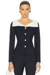 Alessandra Rich Wool Blazer With Contrasting Collar And Gold Buttons In Navy Blue