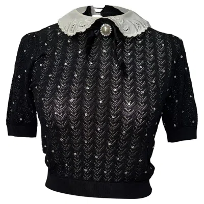 Pre-owned Alessandra Rich Contrast-collar Crystal-embellished Knitted Top In Black Wool