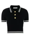 Alessandra Rich Cable Knit Polo With Ribbed Hem In Black