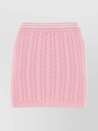 Alessandra Rich Cotton Skirt With Ribbed Waistband And Cable Knit Pattern In Pink