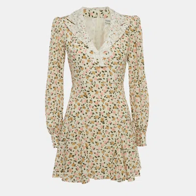 Alessandra Rich Cream Floral Print Lace Trim Mini Dress In Neutral