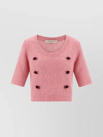 Alessandra Rich Crew Neck Floral Appliqué Short Sleeves Soft Texture In Pink