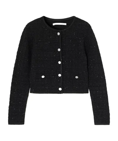 Alessandra Rich Cropped Embellished Knitted Cardigan In Black
