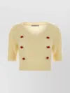 Alessandra Rich Cropped Mohair Blend Sweater Short Sleeves Round Neck In Brown