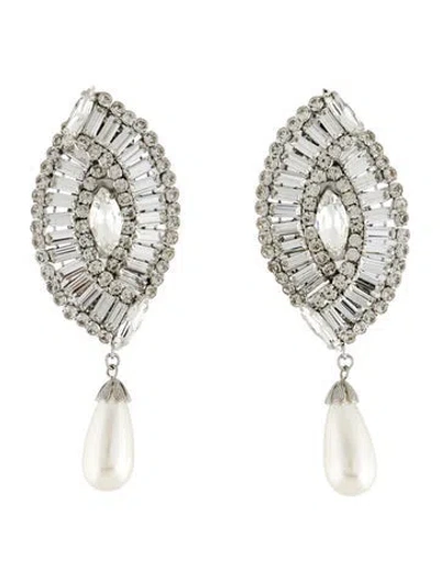 Pre-owned Alessandra Rich Crystal & Faux Pearl Drop Clip-on Earrings In White