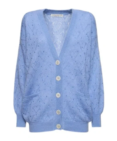 Alessandra Rich Crystal Decorated Knitted Cardigan In Blue