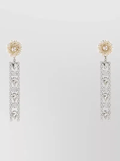 Alessandra Rich Crystal Drop Metal Earrings Pearl Detail In Metallic