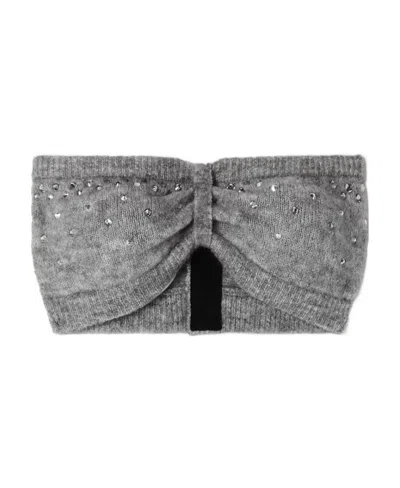 Alessandra Rich Crystal Embellished Knitted Short Tube Top In Gray