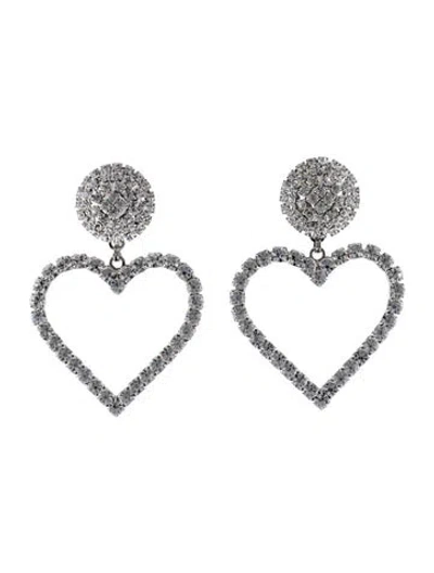 Pre-owned Alessandra Rich Crystal Heart Drop Clip On Earrings In Transparent