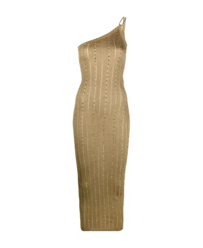 ALESSANDRA RICH CRYSTAL TRIMMED RIB KNITTED MEDIUM DRESS