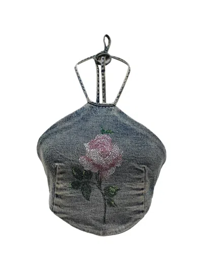 Pre-owned Alessandra Rich Crystal-embellished Halter Crop Top In Blue