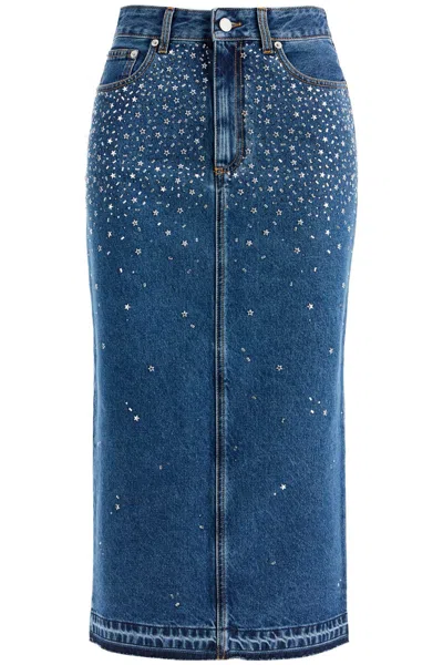 Alessandra Rich "denim Midi Skirt With Rhin In Blue